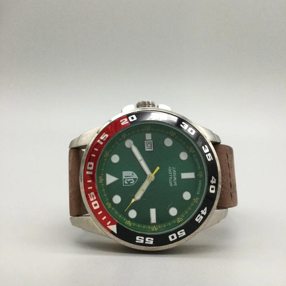 3 Leagues Artillery Mens Watch 46mm Green Dial Coke Bezel Leather Swiss